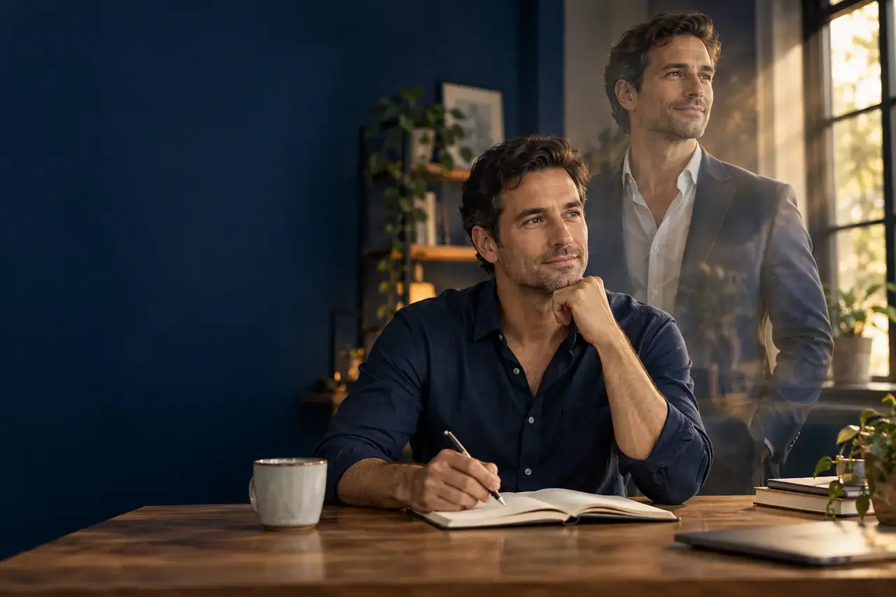 An entrepreneur reflecting at his desk beside an imagined, confident future version of himself.